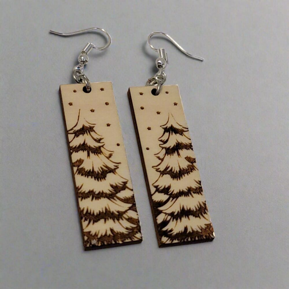 Handmade Wooden Christmas Tree Dangle Earrings – Rustic Winter Holiday Gift